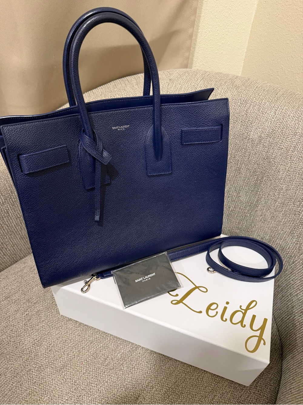 Saint Laurent Navy Pebbled Leather Small Sac Du Jour with Strap